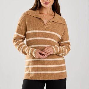 Cozy Tan Striped V-Neck Sweater